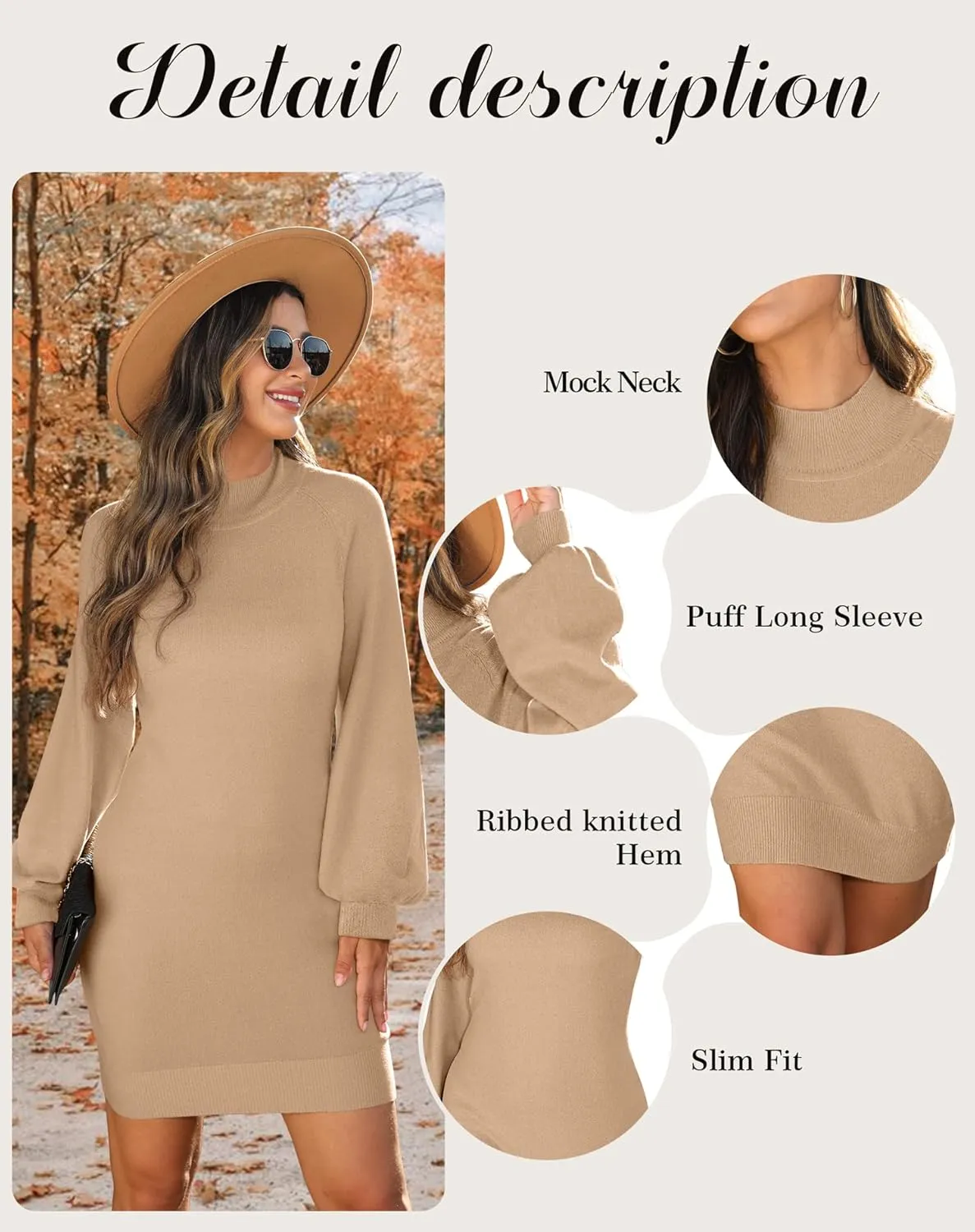 GRECERELLE Women's Mock Neck Ribbed Long Sleeve Bodycon Pullover Cute Mini Sweater Dress