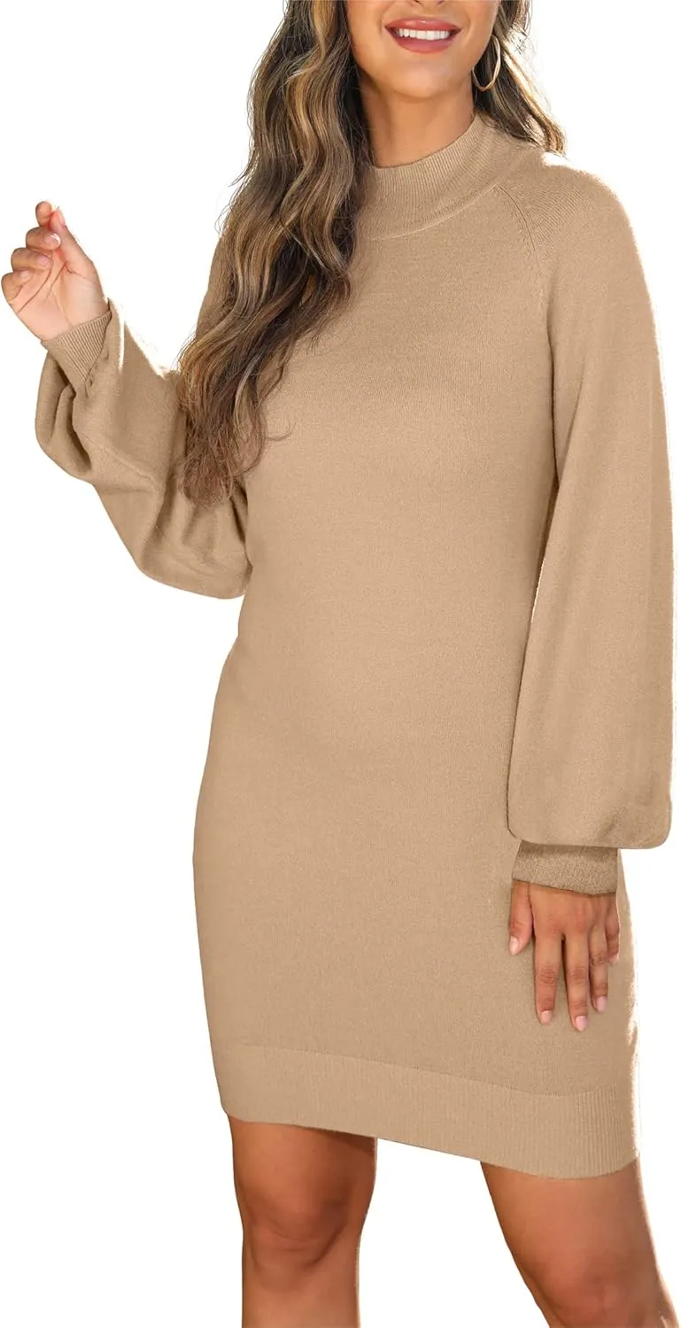 GRECERELLE Women's Mock Neck Ribbed Long Sleeve Bodycon Pullover Cute Mini Sweater Dress
