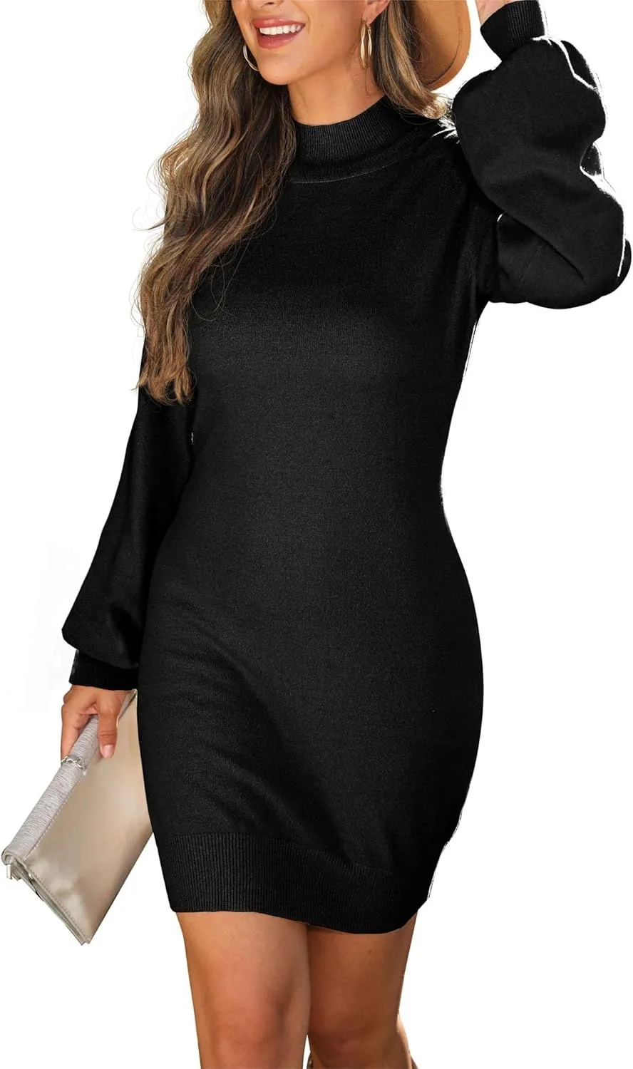 GRECERELLE Women's Mock Neck Ribbed Long Sleeve Bodycon Pullover Cute Mini Sweater Dress