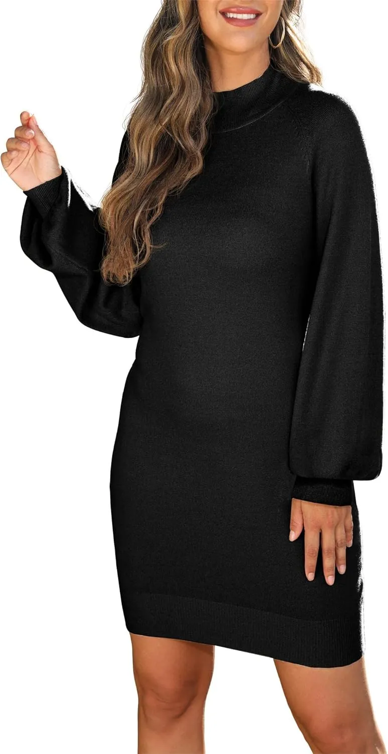 GRECERELLE Women's Mock Neck Ribbed Long Sleeve Bodycon Pullover Cute Mini Sweater Dress