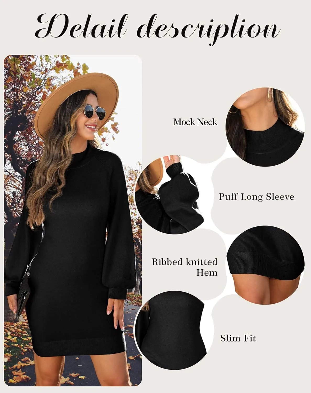 GRECERELLE Women's Mock Neck Ribbed Long Sleeve Bodycon Pullover Cute Mini Sweater Dress