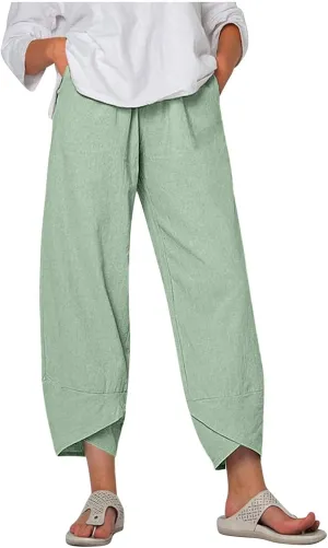 Guteidee Cotton Linen Casual Summer Capri Pants Printed Cropped Comfy Baggy Trousers with Pockets Palazzo Lounge Pants