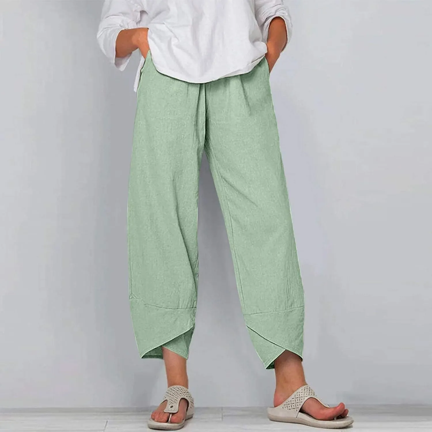 Guteidee Cotton Linen Casual Summer Capri Pants Printed Cropped Comfy Baggy Trousers with Pockets Palazzo Lounge Pants