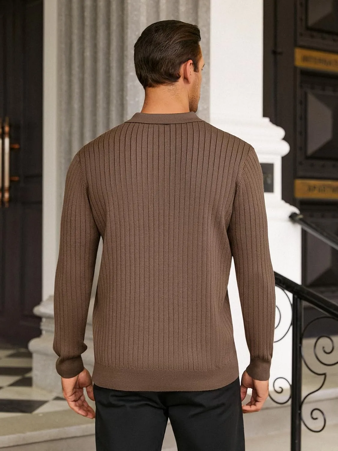 Hardaddy Men's Ribbed Knit Sweater Casual Long Sleeve Polo Sweater Collared V Neck Polo Shirts Solid Pullover Tops