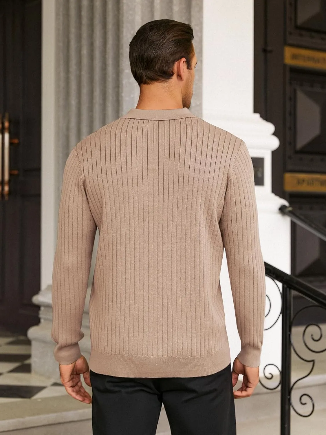 Hardaddy Men's Ribbed Knit Sweater Casual Long Sleeve Polo Sweater Collared V Neck Polo Shirts Solid Pullover Tops