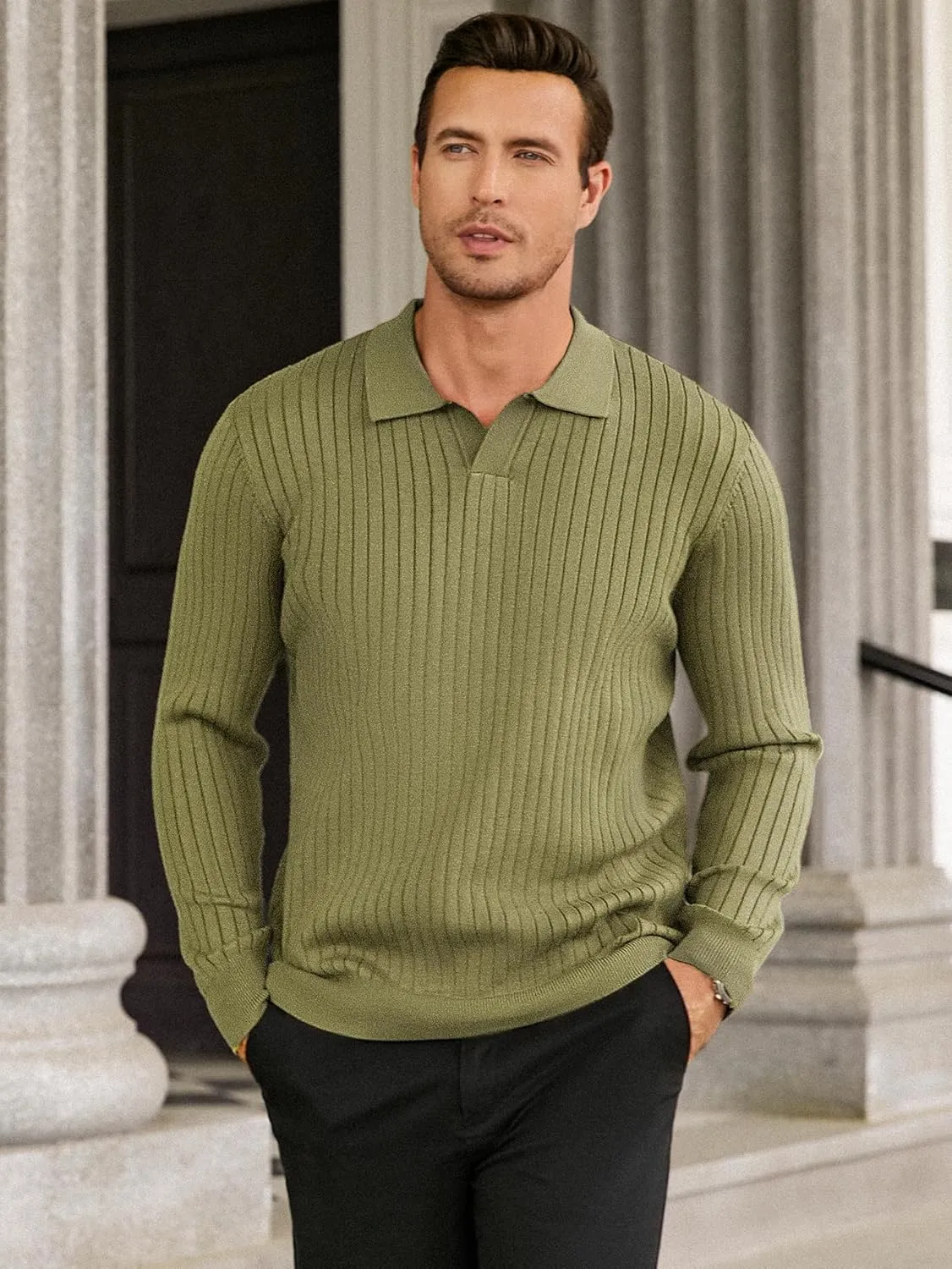 Hardaddy Men's Ribbed Knit Sweater Casual Long Sleeve Polo Sweater Collared V Neck Polo Shirts Solid Pullover Tops