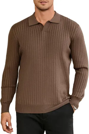 Hardaddy Men's Ribbed Knit Sweater Casual Long Sleeve Polo Sweater Collared V Neck Polo Shirts Solid Pullover Tops