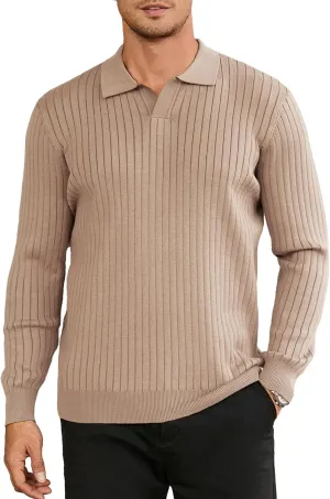 Hardaddy Men's Ribbed Knit Sweater Casual Long Sleeve Polo Sweater Collared V Neck Polo Shirts Solid Pullover Tops