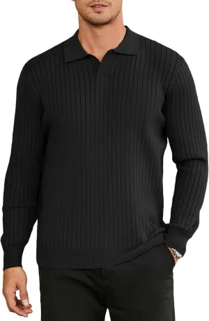 Hardaddy Men's Ribbed Knit Sweater Casual Long Sleeve Polo Sweater Collared V Neck Polo Shirts Solid Pullover Tops