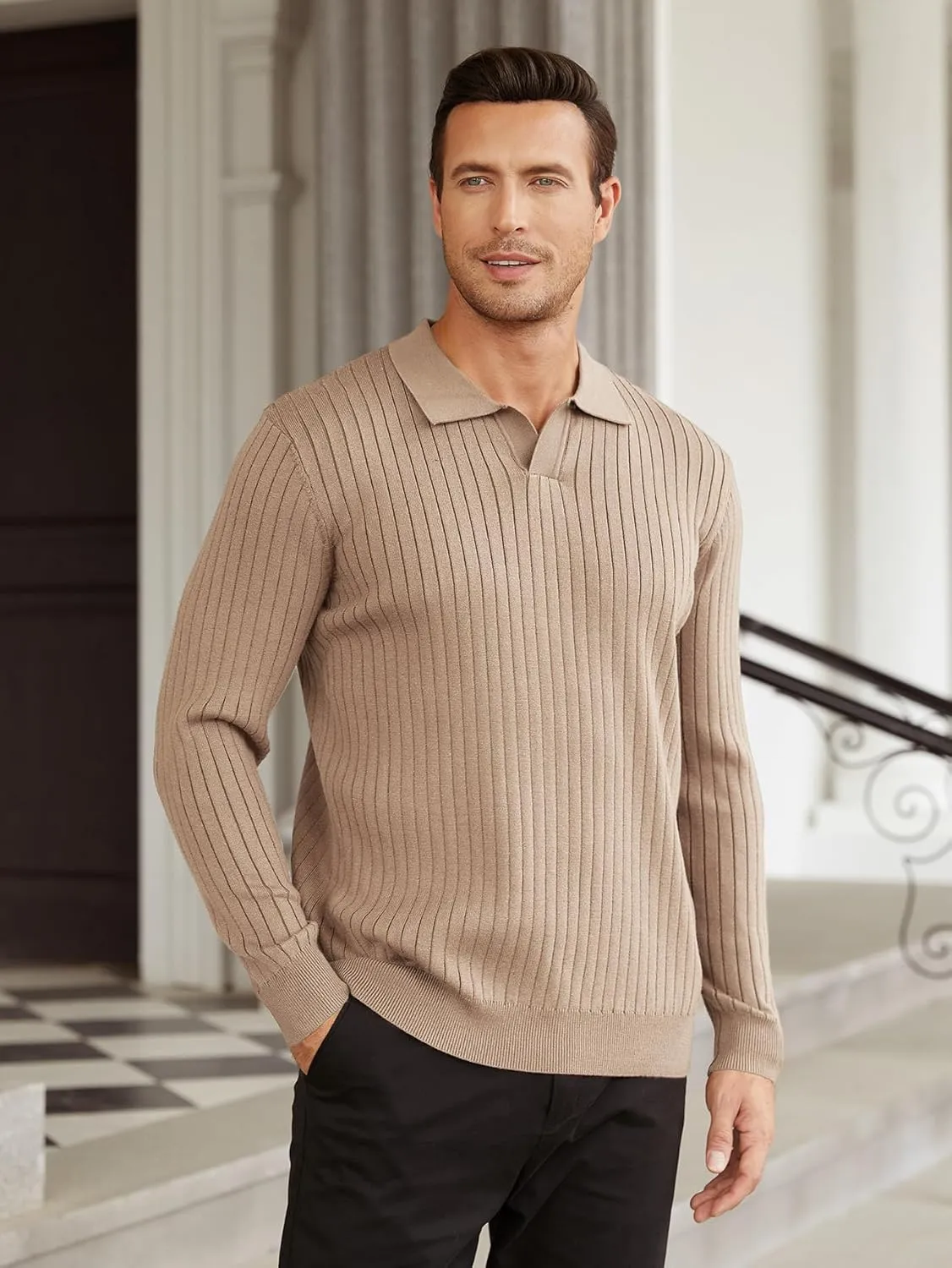 Hardaddy Men's Ribbed Knit Sweater Casual Long Sleeve Polo Sweater Collared V Neck Polo Shirts Solid Pullover Tops