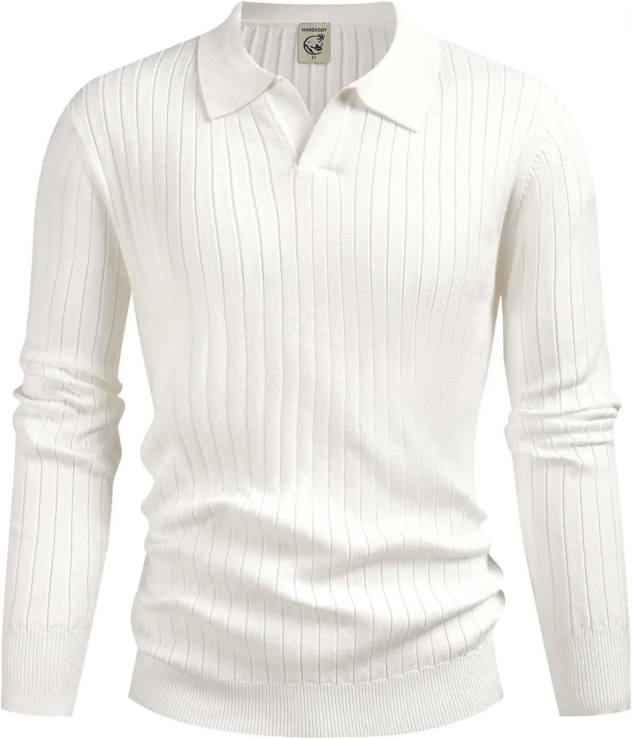 Hardaddy Men's Ribbed Knit Sweater Casual Long Sleeve Polo Sweater Collared V Neck Polo Shirts Solid Pullover Tops