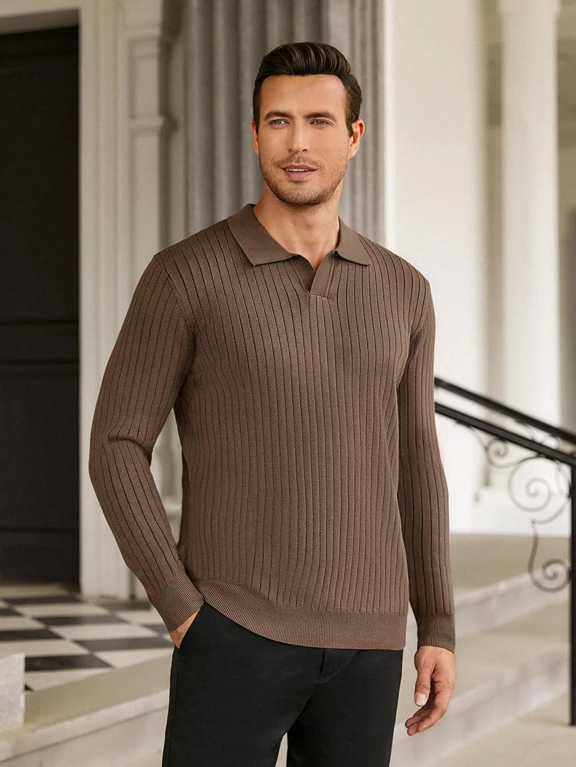 Hardaddy Men's Ribbed Knit Sweater Casual Long Sleeve Polo Sweater Collared V Neck Polo Shirts Solid Pullover Tops