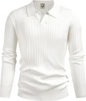 Hardaddy Men's Ribbed Knit Sweater Casual Long Sleeve Polo Sweater Collared V Neck Polo Shirts Solid Pullover Tops