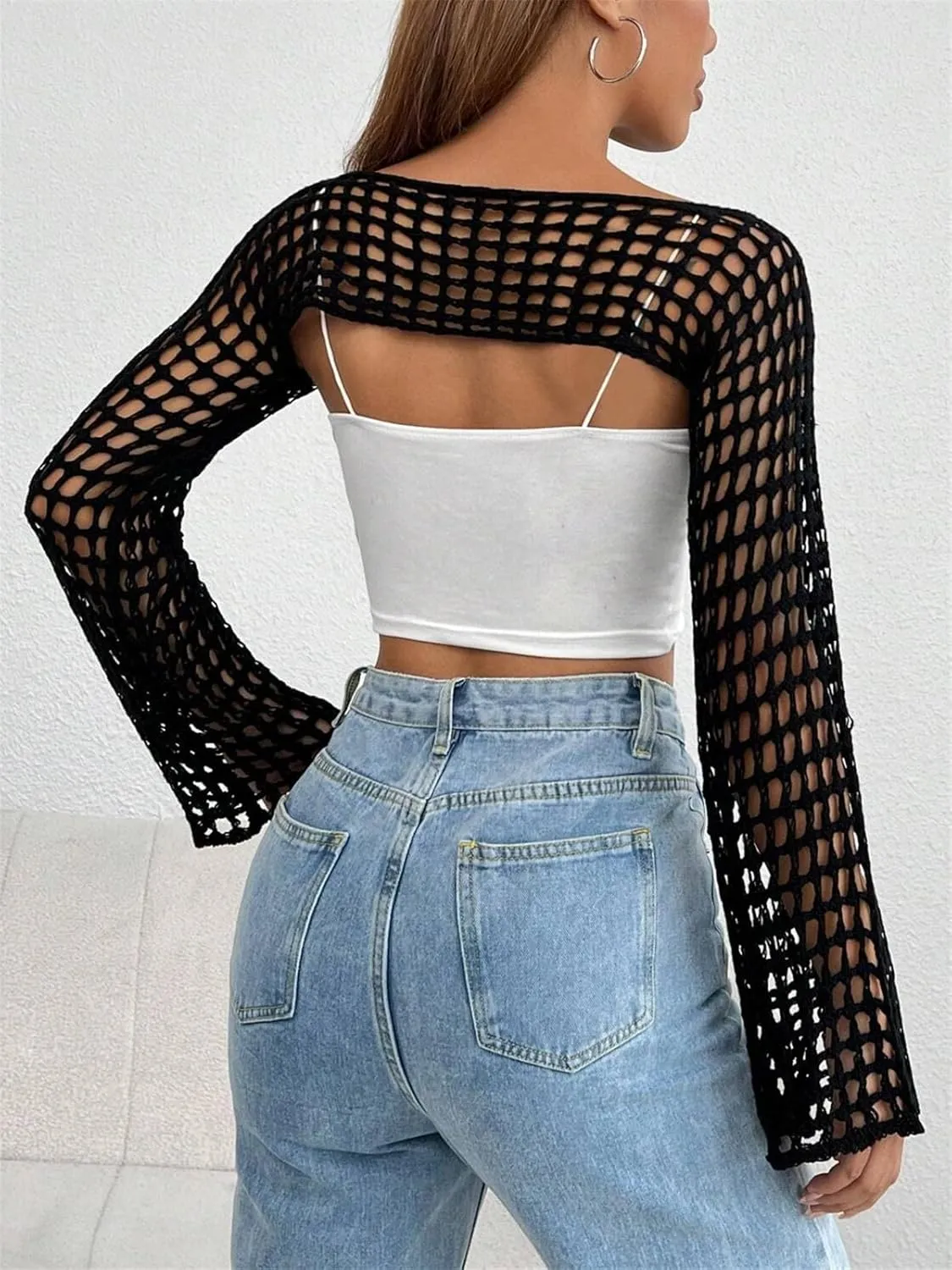 hathne Women Hollow Out Sweater Crop Flounce Off See Through Crochet Top Trumpet Long Sleeve Knit Top