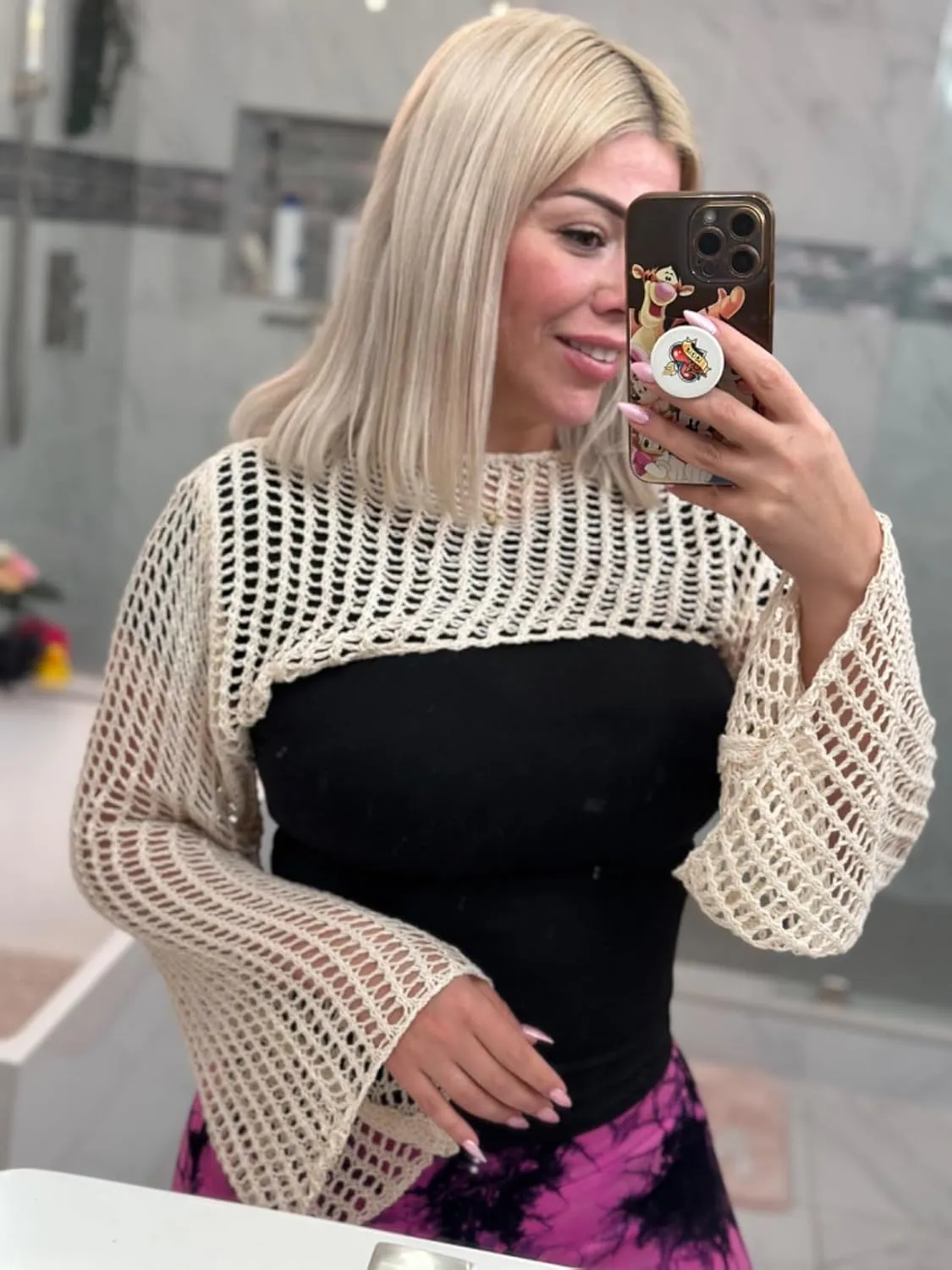 hathne Women Hollow Out Sweater Crop Flounce Off See Through Crochet Top Trumpet Long Sleeve Knit Top