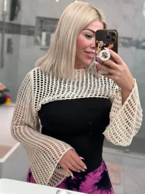 hathne Women Hollow Out Sweater Crop Flounce Off See Through Crochet Top Trumpet Long Sleeve Knit Top