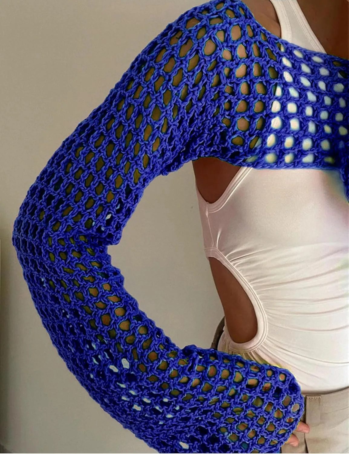 hathne Women Hollow Out Sweater Crop Flounce Off See Through Crochet Top Trumpet Long Sleeve Knit Top