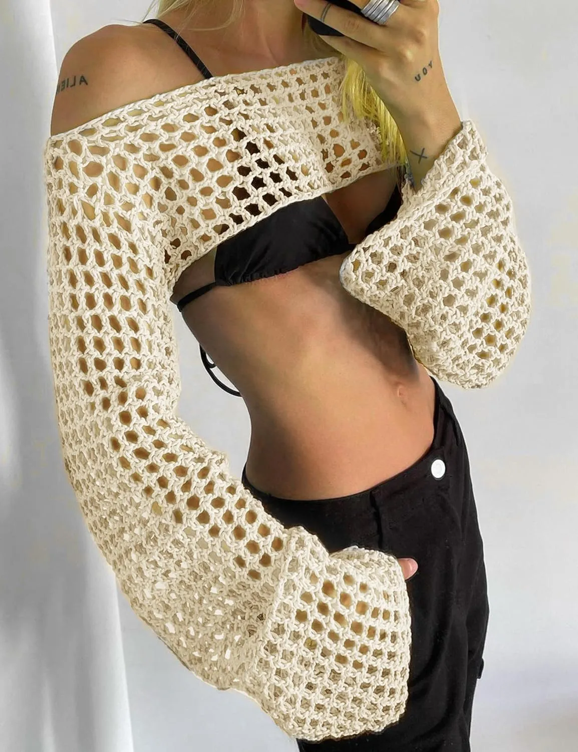 hathne Women Hollow Out Sweater Crop Flounce Off See Through Crochet Top Trumpet Long Sleeve Knit Top