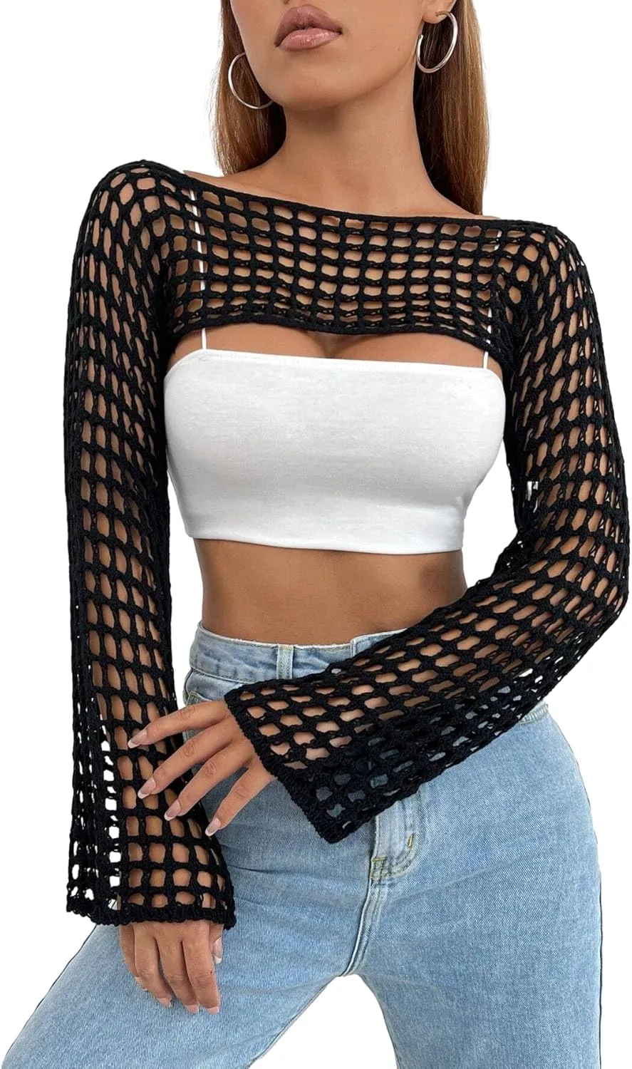 hathne Women Hollow Out Sweater Crop Flounce Off See Through Crochet Top Trumpet Long Sleeve Knit Top