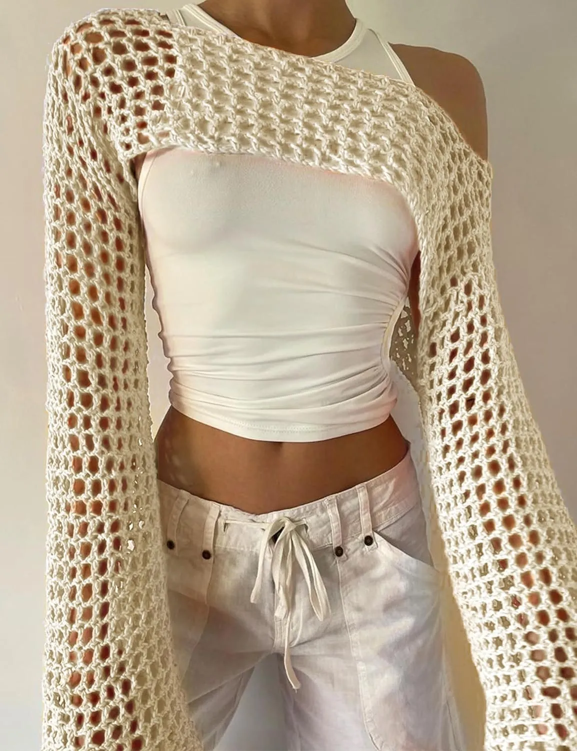 hathne Women Hollow Out Sweater Crop Flounce Off See Through Crochet Top Trumpet Long Sleeve Knit Top