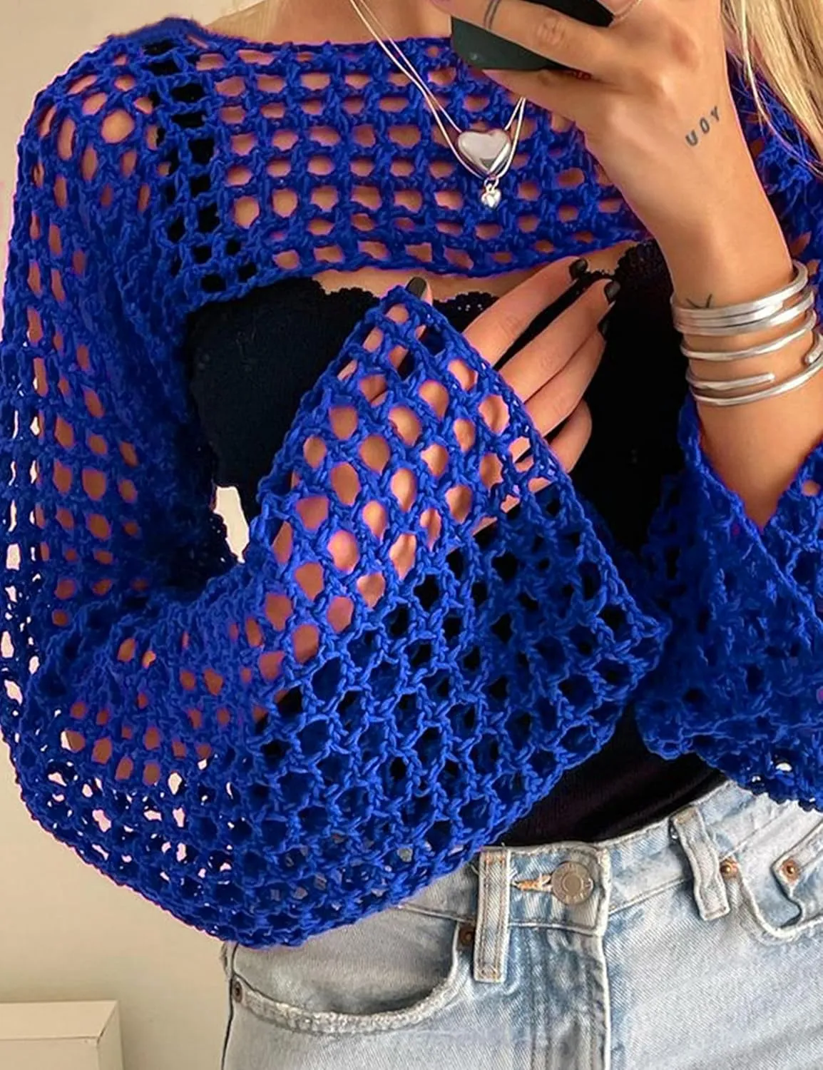 hathne Women Hollow Out Sweater Crop Flounce Off See Through Crochet Top Trumpet Long Sleeve Knit Top
