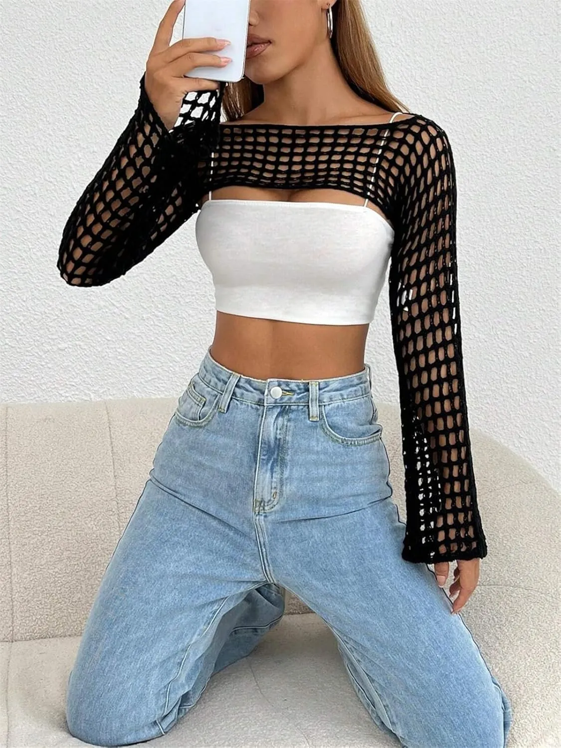 hathne Women Hollow Out Sweater Crop Flounce Off See Through Crochet Top Trumpet Long Sleeve Knit Top
