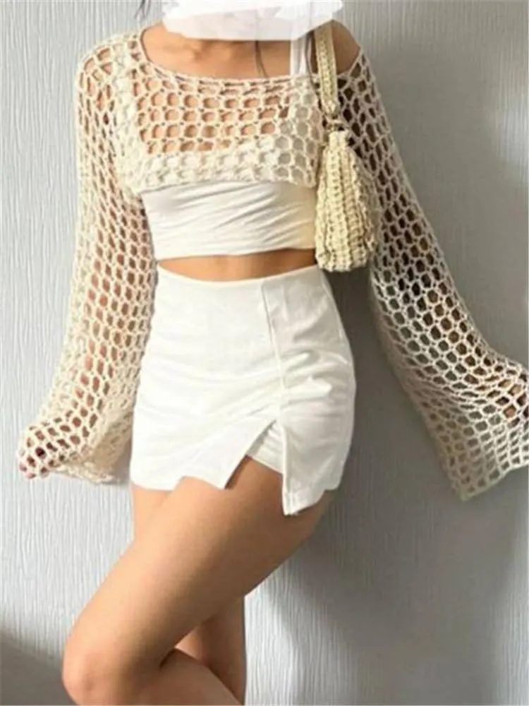 hathne Women Hollow Out Sweater Crop Flounce Off See Through Crochet Top Trumpet Long Sleeve Knit Top