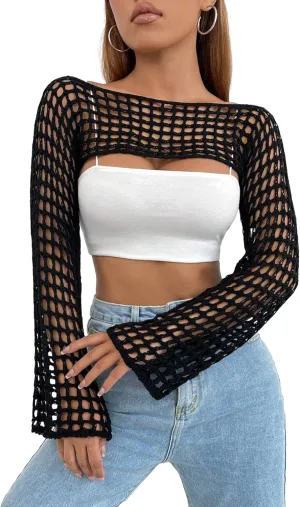hathne Women Hollow Out Sweater Crop Flounce Off See Through Crochet Top Trumpet Long Sleeve Knit Top