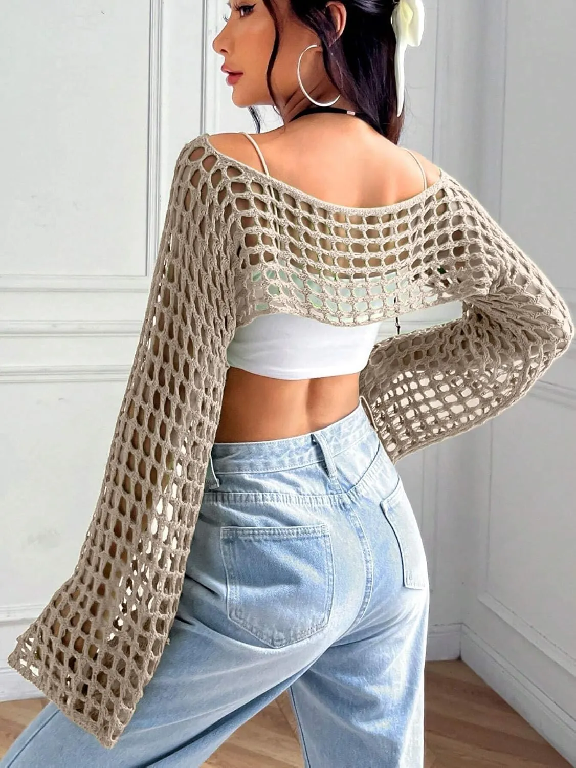 hathne Women Hollow Out Sweater Crop Flounce Off See Through Crochet Top Trumpet Long Sleeve Knit Top