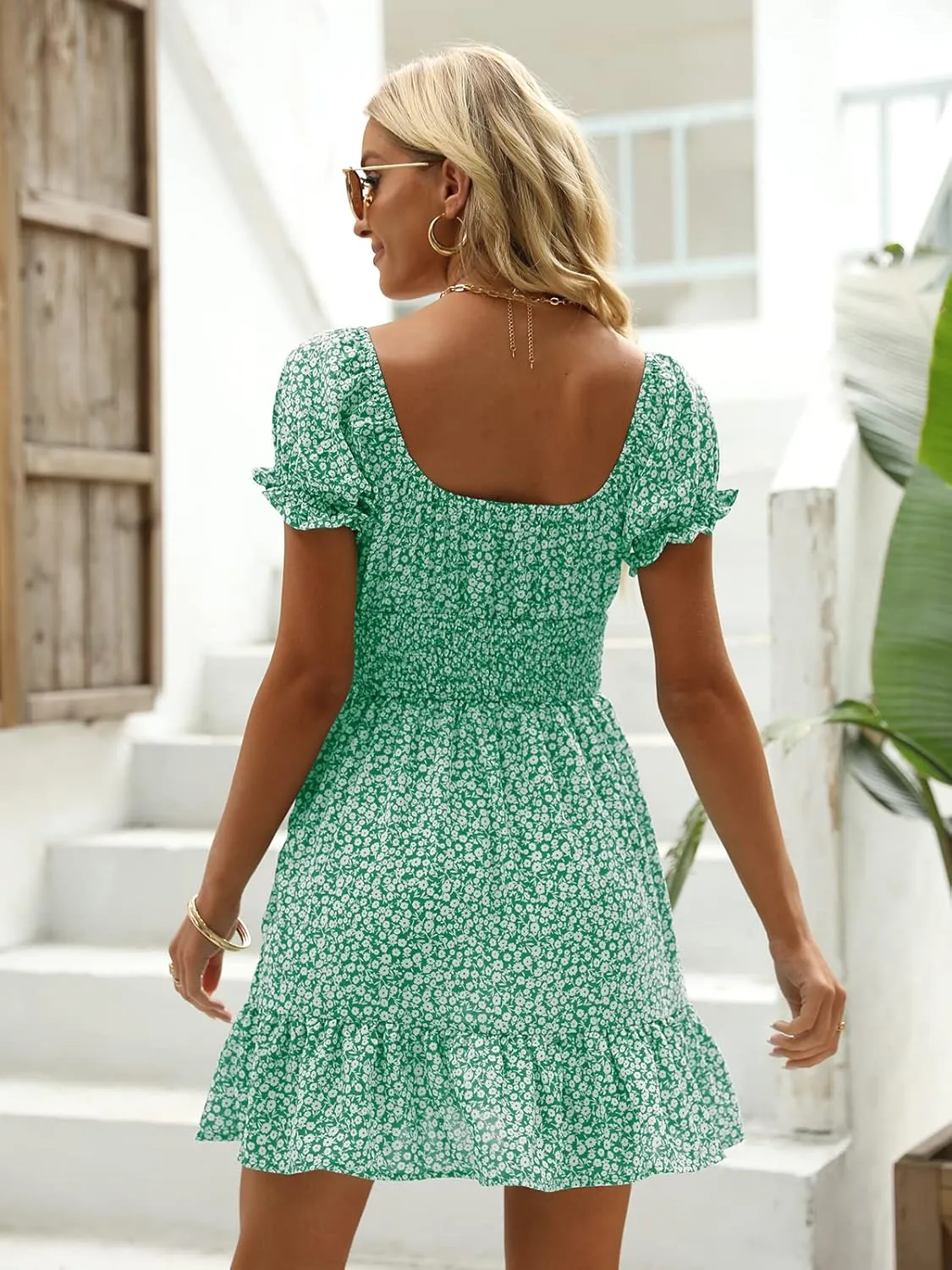 Heysolo Womens Boho Floral Smocked Square Neck Short Sleeve Ruffle Beach Summer Mini Dress