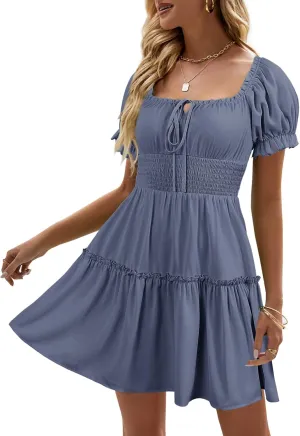 Heysolo Womens Boho Floral Smocked Square Neck Short Sleeve Ruffle Beach Summer Mini Dress