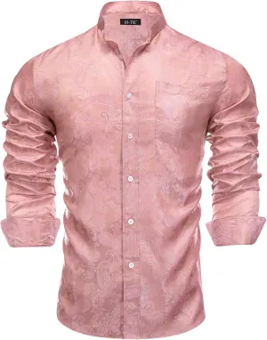Hi-Tie Mens Band Collar Shirt Button Down Casual Long Sleeve Regular Fit Dress Shirt Prom Wedding Business