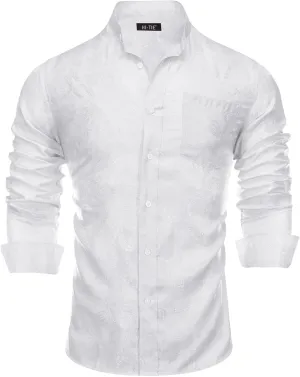 Hi-Tie Mens Band Collar Shirt Button Down Casual Long Sleeve Regular Fit Dress Shirt Prom Wedding Business