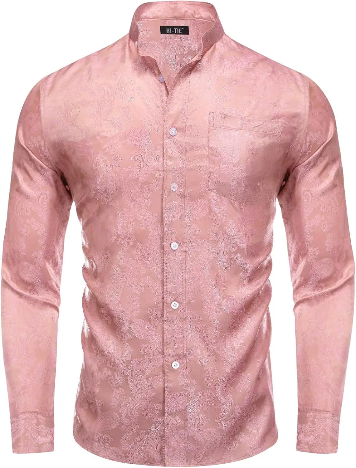 Hi-Tie Mens Band Collar Shirt Button Down Casual Long Sleeve Regular Fit Dress Shirt Prom Wedding Business