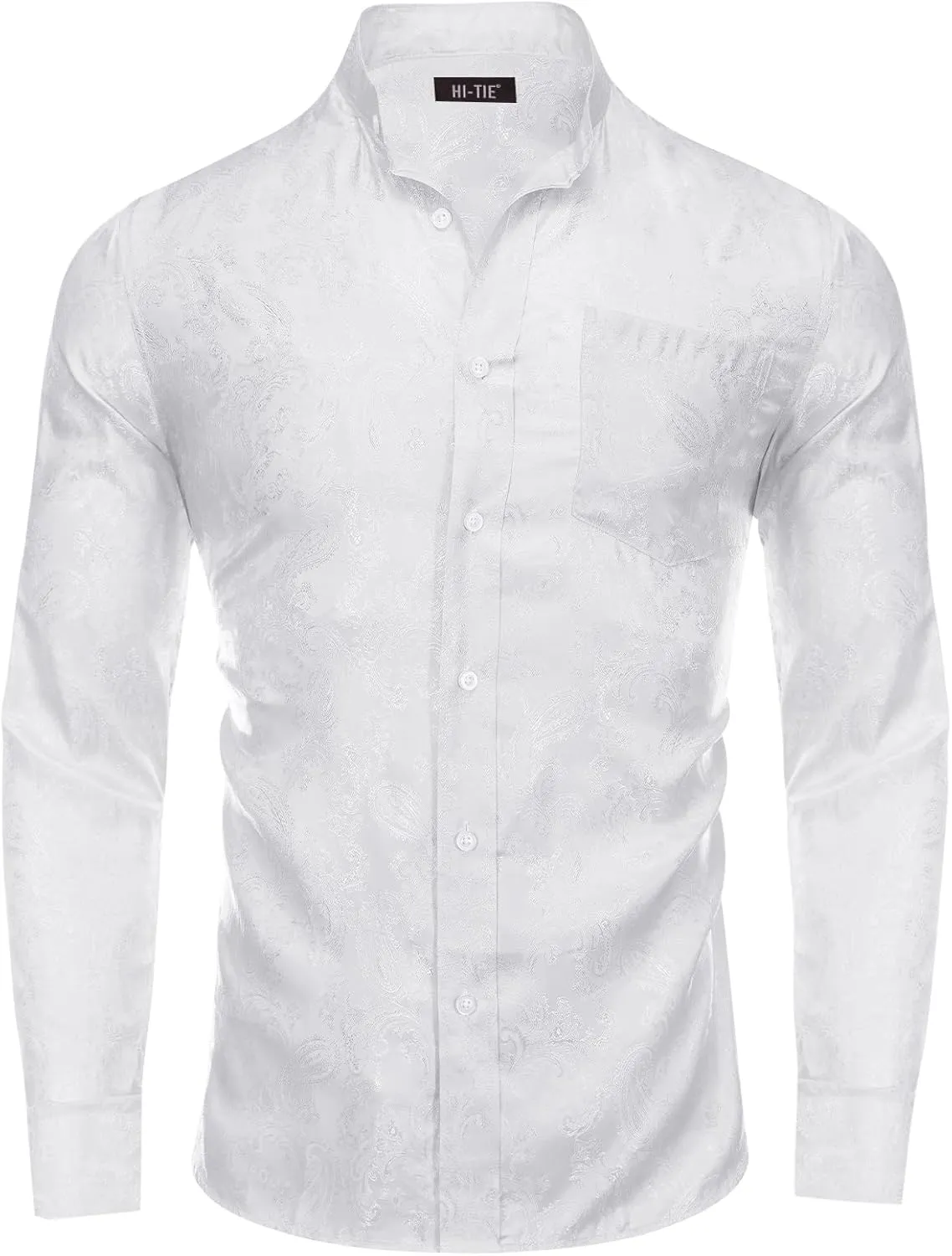 Hi-Tie Mens Band Collar Shirt Button Down Casual Long Sleeve Regular Fit Dress Shirt Prom Wedding Business