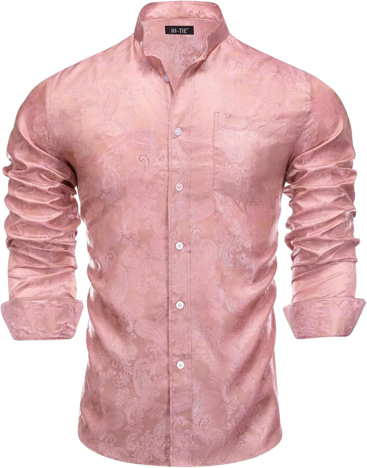 Hi-Tie Mens Band Collar Shirt Button Down Casual Long Sleeve Regular Fit Dress Shirt Prom Wedding Business
