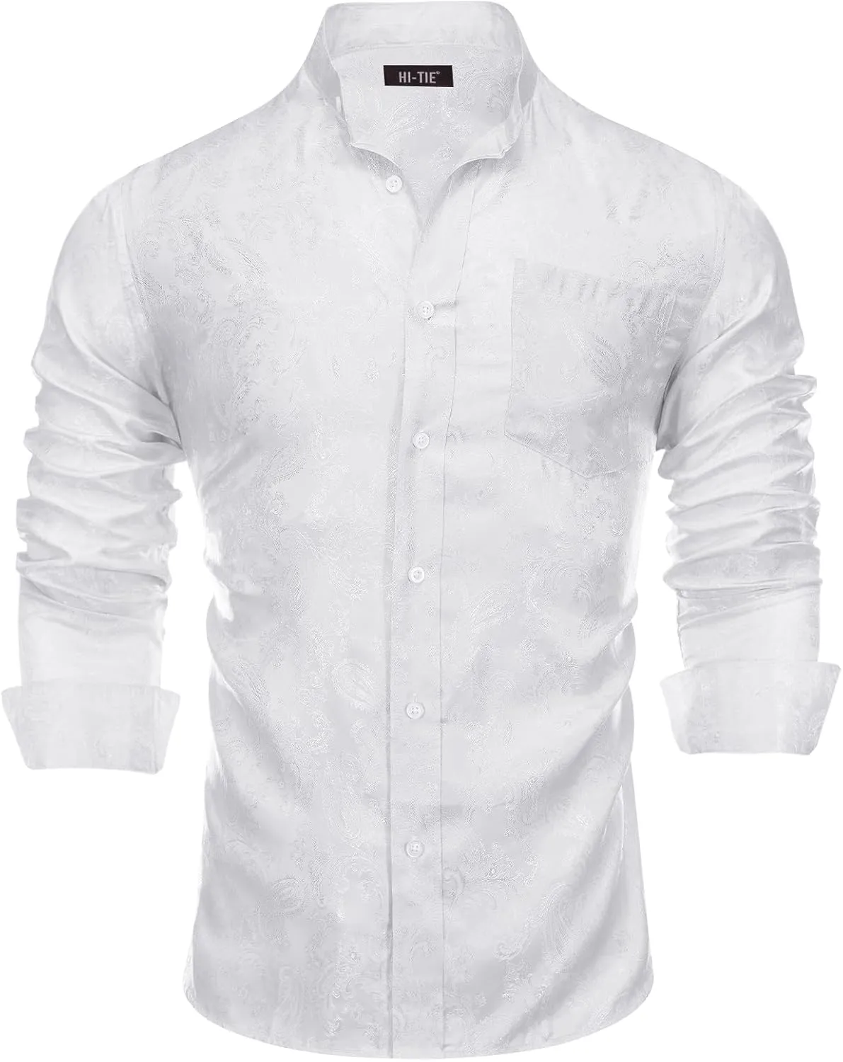 Hi-Tie Mens Band Collar Shirt Button Down Casual Long Sleeve Regular Fit Dress Shirt Prom Wedding Business