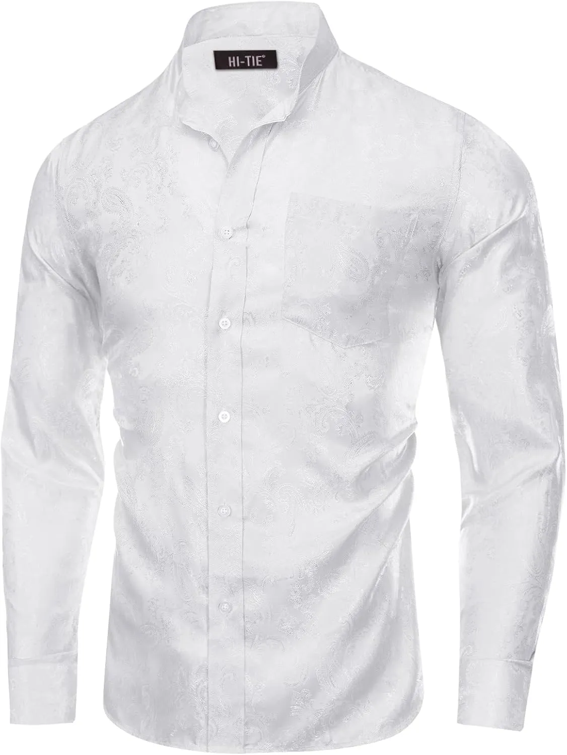 Hi-Tie Mens Band Collar Shirt Button Down Casual Long Sleeve Regular Fit Dress Shirt Prom Wedding Business