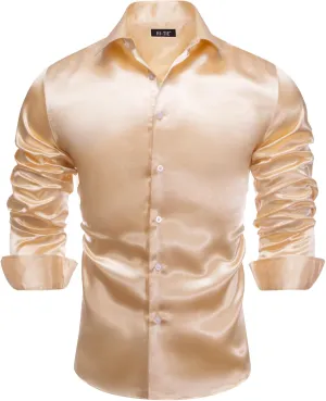 Hi-Tie Mens Long Sleeve Dress Shirt Satin Button Down Casual Prom Wedding Regular Fit Button Up Shirt