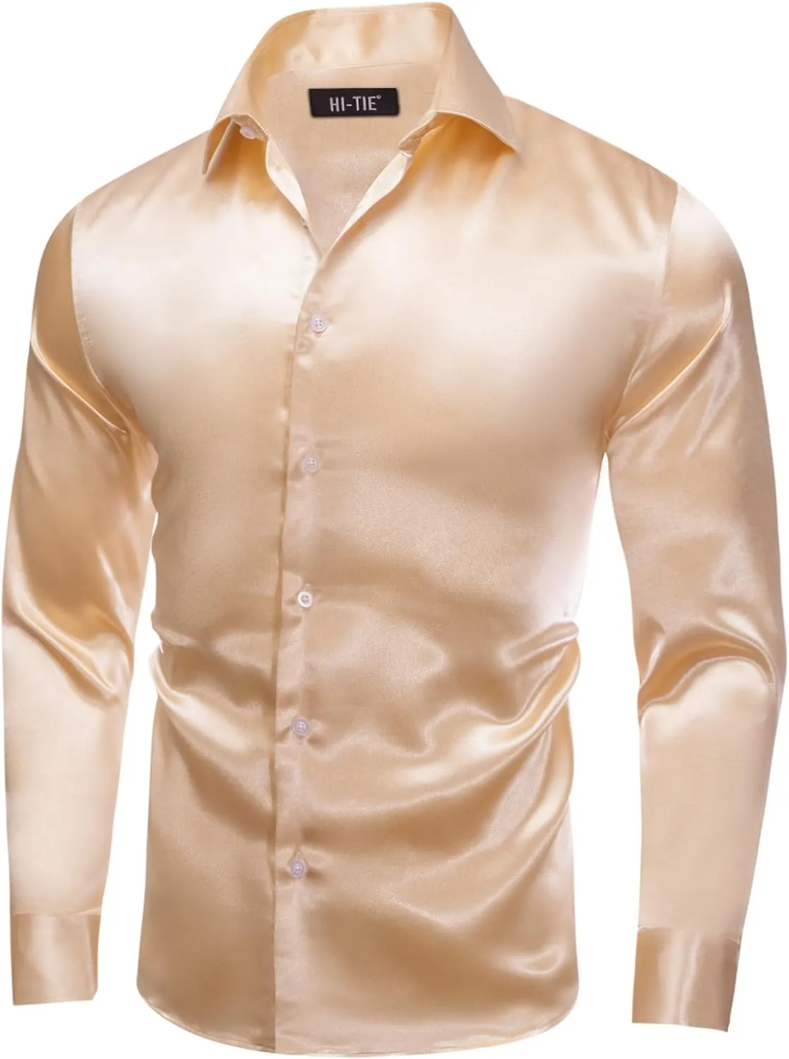 Hi-Tie Mens Long Sleeve Dress Shirt Satin Button Down Casual Prom Wedding Regular Fit Button Up Shirt