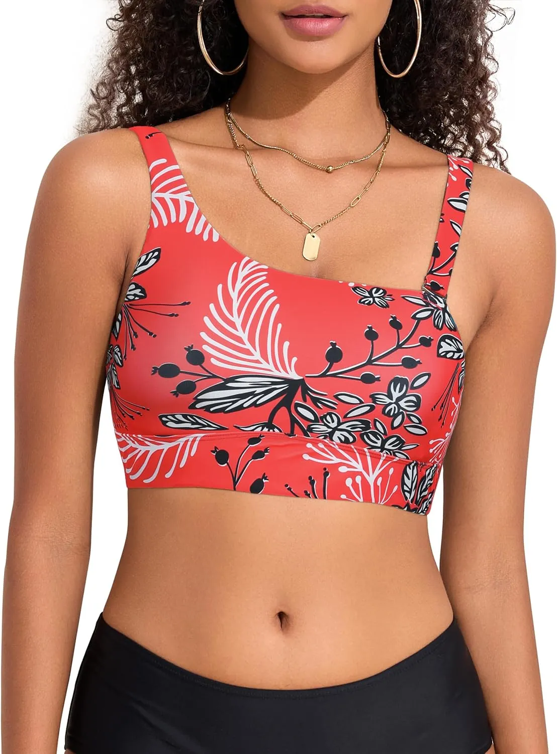 Hilor Women's Underwire Bikini Top One Shoulder Swimsuits Push Up Bathing Suit Top Cropped Tankini Tops Only
