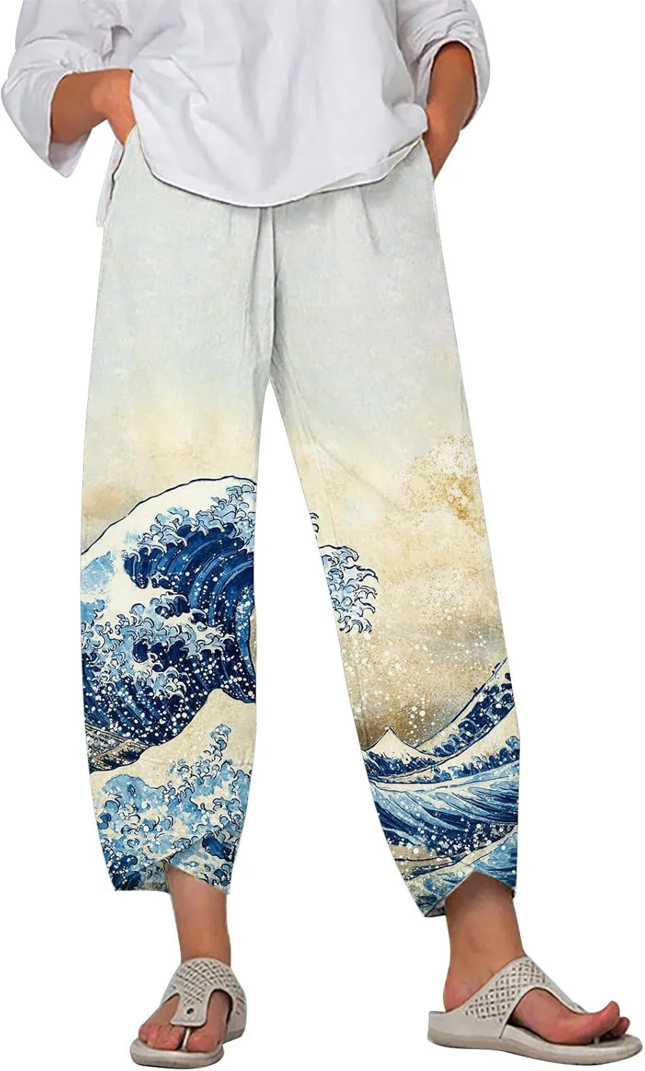 HOTYD Japanese Wige Leg Pants for Women Artist Linen Pants Womens Capri Pants Summer Baggy Cropped Trouser with Pockets