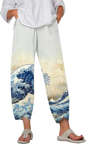HOTYD Japanese Wige Leg Pants for Women Artist Linen Pants Womens Capri Pants Summer Baggy Cropped Trouser with Pockets