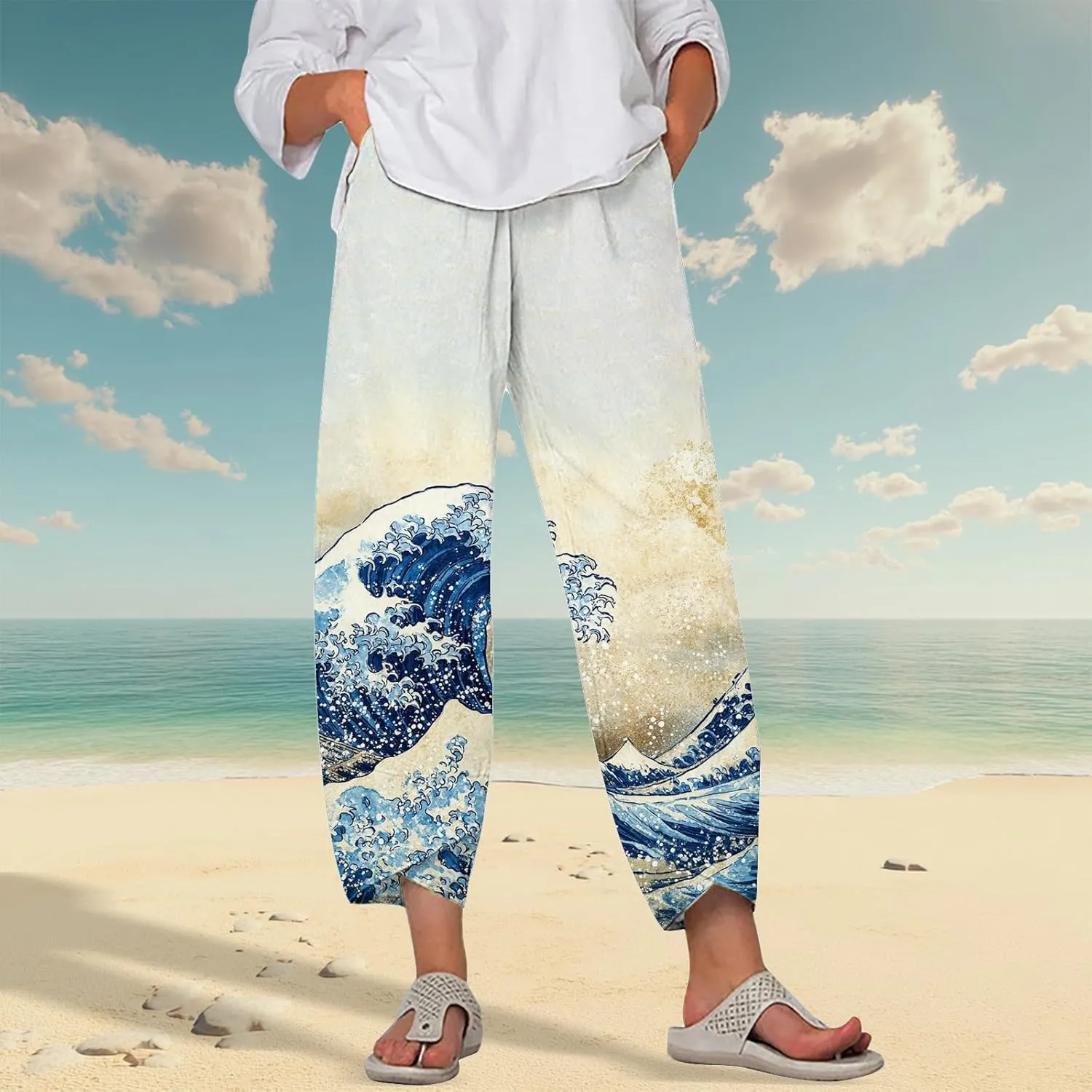 HOTYD Japanese Wige Leg Pants for Women Artist Linen Pants Womens Capri Pants Summer Baggy Cropped Trouser with Pockets
