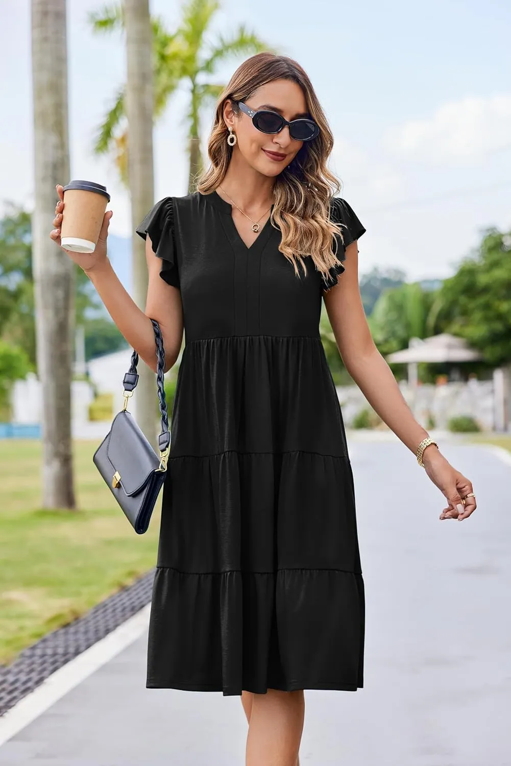 Hount Women's Summer Casual Dress 2025 V Neck Short Sleeve Midi Sundress Party Dress Flowy Tiered Beach Dresses with Pockets