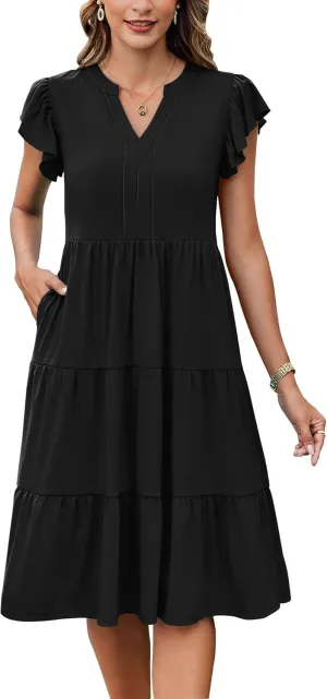 Hount Women's Summer Casual Dress 2025 V Neck Short Sleeve Midi Sundress Party Dress Flowy Tiered Beach Dresses with Pockets