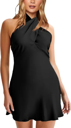HYPERFIRE Women's Elegant Satin Mini Dress Criss Cross Halter Wedding Guest Dresses Short Formal Dress