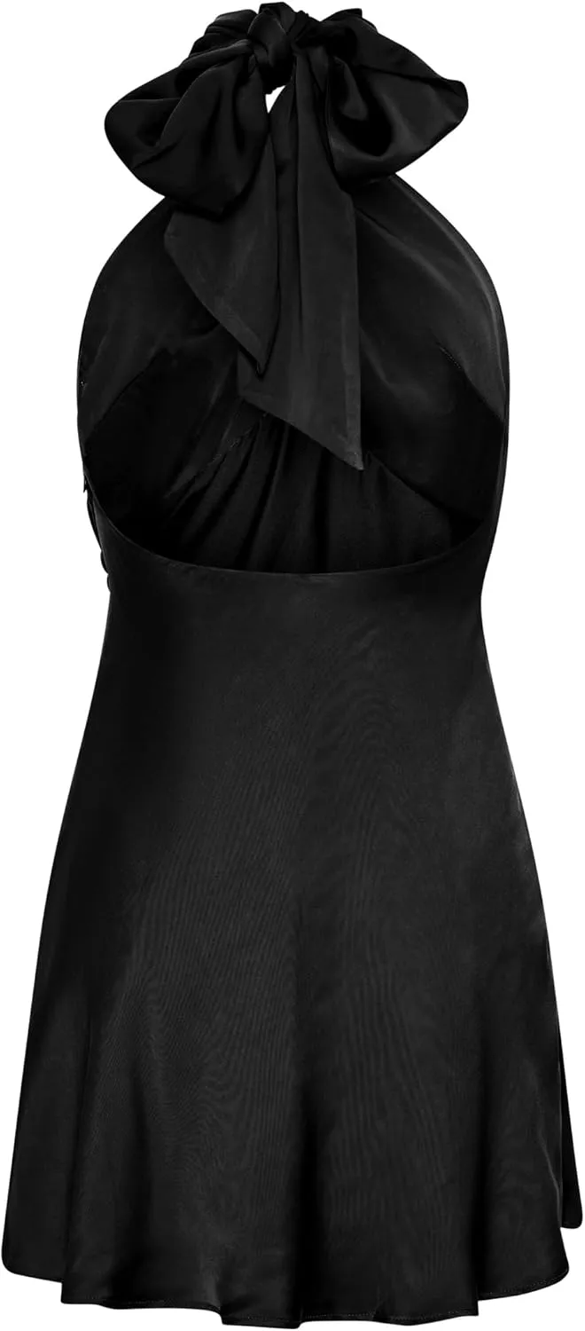 HYPERFIRE Women's Elegant Satin Mini Dress Criss Cross Halter Wedding Guest Dresses Short Formal Dress