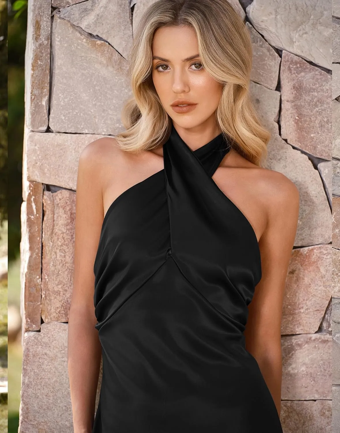 HYPERFIRE Women's Elegant Satin Mini Dress Criss Cross Halter Wedding Guest Dresses Short Formal Dress