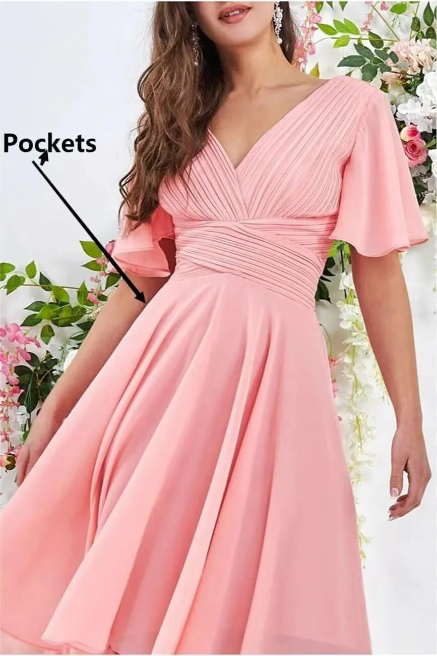 IIF Short Sleeve Bridesmaid Dresses with Pockets High Low Chiffon Formal Dresses for Women Wedding Guest IIF108